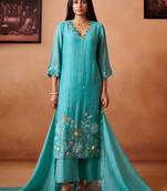 Blue embroidered chanderi straight pant  kurta set