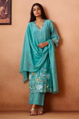 Blue embroidered chanderi straight pant  kurta set