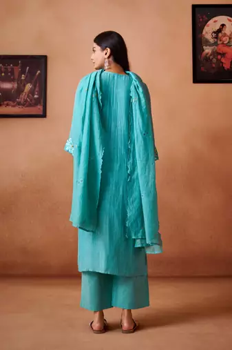 Blue embroidered chanderi straight pant  kurta set