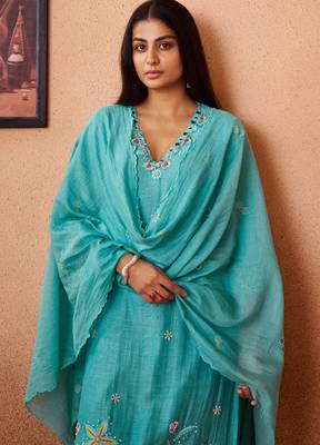 Blue embroidered chanderi straight pant  kurta set 4