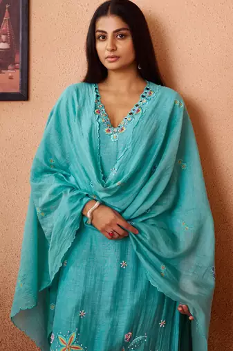 Blue embroidered chanderi straight pant  kurta set
