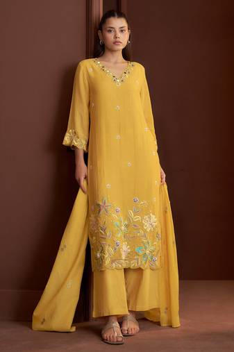 Yellow embroidered chanderi straight pant  kurta set