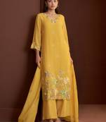 Yellow embroidered chanderi straight pant  kurta set