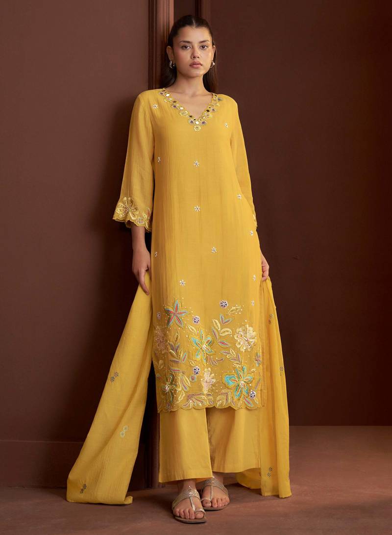Yellow embroidered chanderi straight pant  kurta set