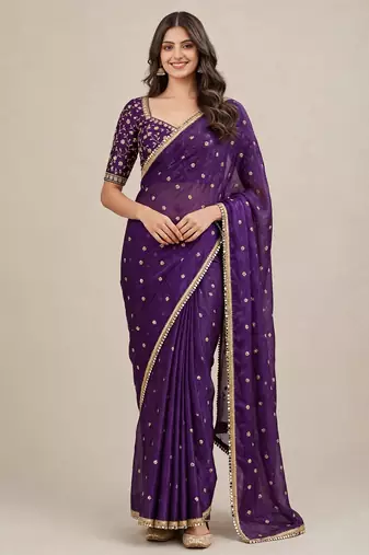 Classic fandy satin premium designer saree with elegant mirror lace