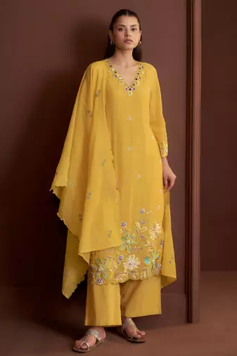 Yellow embroidered chanderi straight pant  kurta set