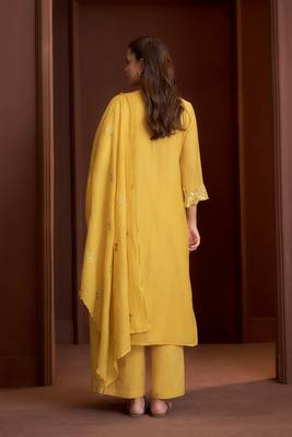 Yellow embroidered chanderi straight pant  kurta set 3