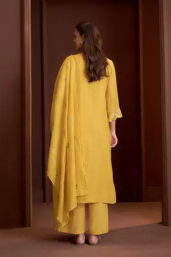 Yellow embroidered chanderi straight pant  kurta set
