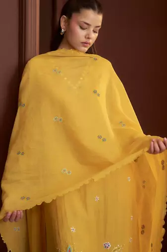 Yellow embroidered chanderi straight pant  kurta set