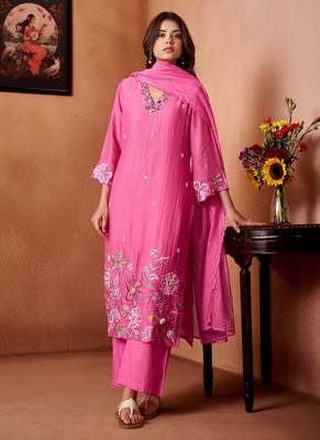 Pink embroidered chanderi straight pant  kurta set 1