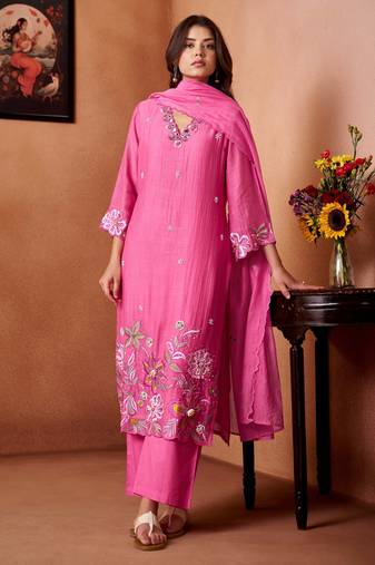 Pink embroidered chanderi straight pant  kurta set