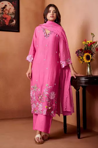 Pink embroidered chanderi straight pant  kurta set