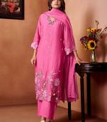Pink embroidered chanderi straight pant  kurta set