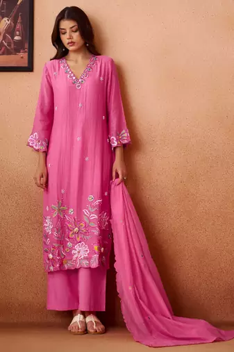 Pink embroidered chanderi straight pant  kurta set