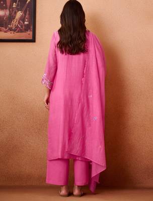 Pink embroidered chanderi straight pant  kurta set 3