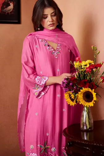 Pink embroidered chanderi straight pant  kurta set