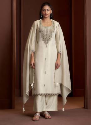 Off white embroidered tissue straight pant  kurta set 1