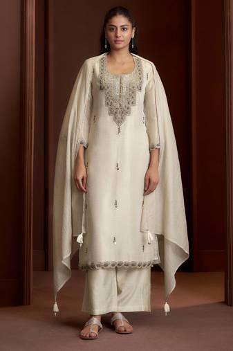 Off white embroidered tissue straight pant  kurta set