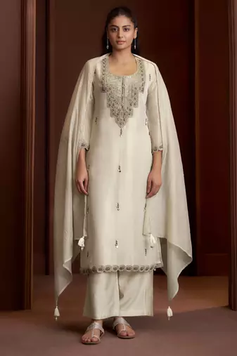 Off white embroidered tissue straight pant  kurta set