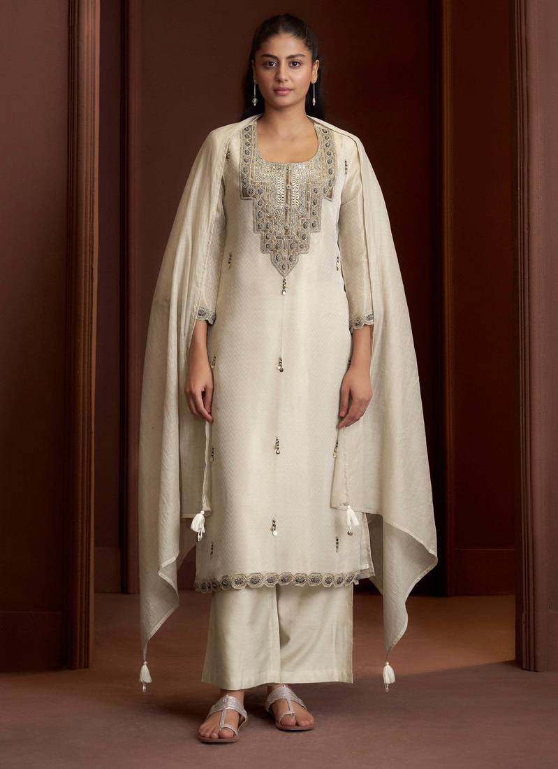 Off white embroidered tissue straight pant  kurta set