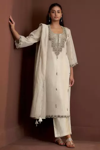 Off white embroidered tissue straight pant  kurta set