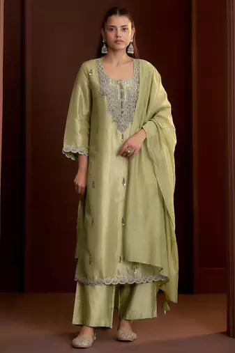 Green embroidered tissue straight pant  kurta set