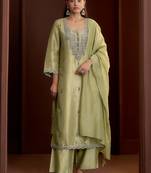 Green embroidered tissue straight pant  kurta set