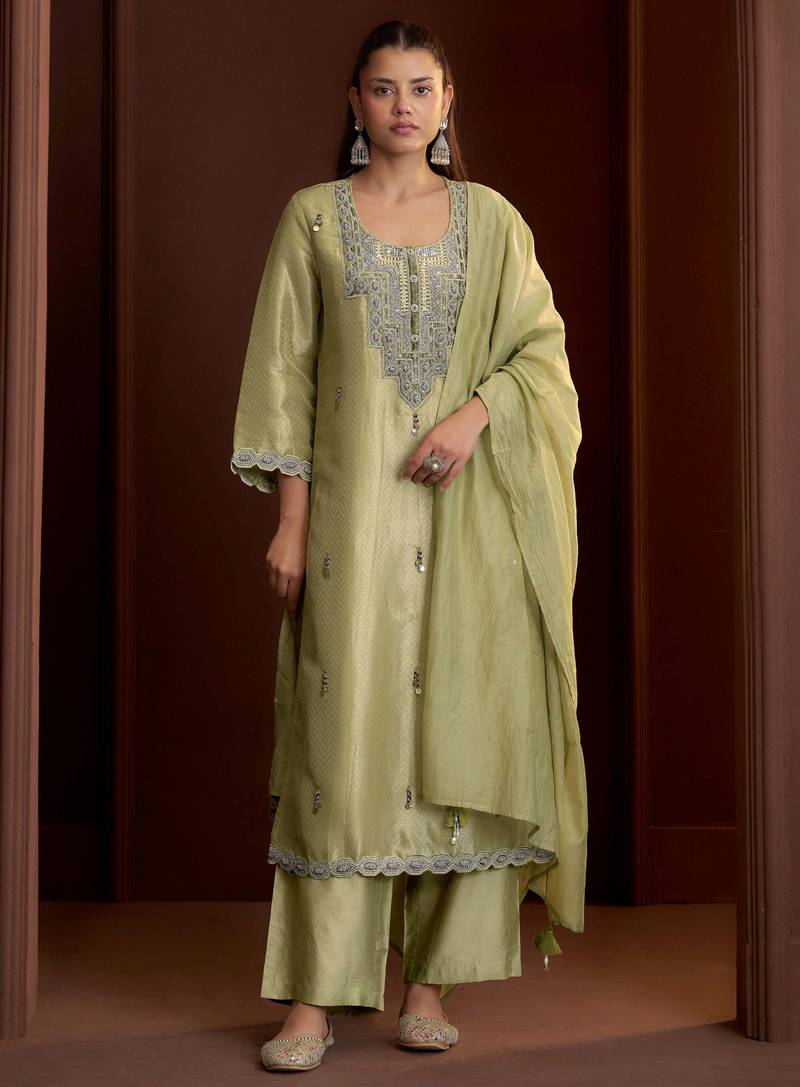 Green embroidered tissue straight pant  kurta set