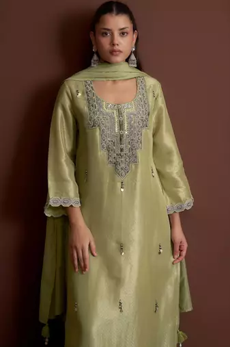 Green embroidered tissue straight pant  kurta set