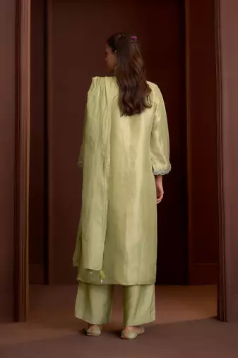 Green embroidered tissue straight pant  kurta set