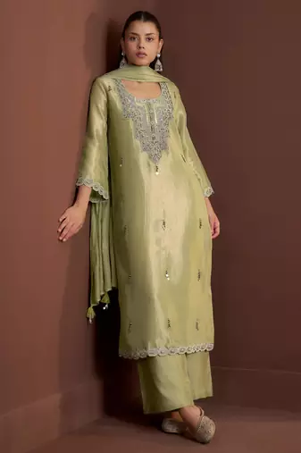 Green embroidered tissue straight pant  kurta set