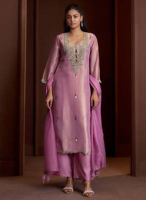 Mauve embroidered tissue straight pant  kurta set 1