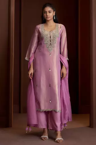 Mauve embroidered tissue straight pant  kurta set