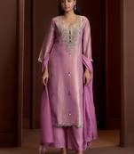 Mauve embroidered tissue straight pant  kurta set
