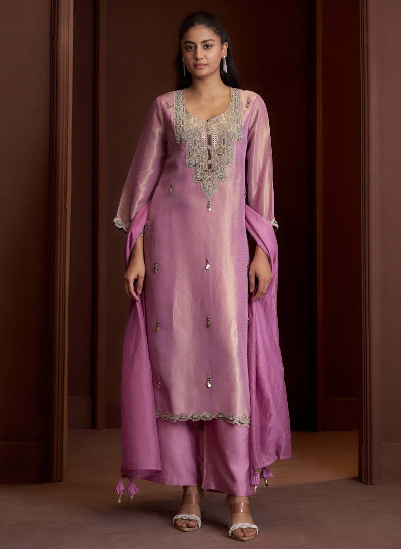 Mauve embroidered tissue straight pant  kurta set