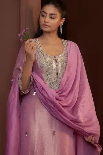 Mauve embroidered tissue straight pant  kurta set