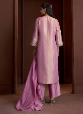 Mauve embroidered tissue straight pant  kurta set 3