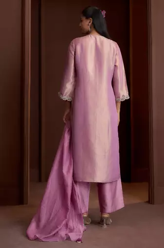 Mauve embroidered tissue straight pant  kurta set