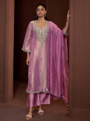 Mauve embroidered tissue straight pant  kurta set 4
