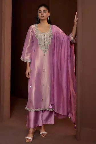 Mauve embroidered tissue straight pant  kurta set