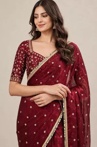 Designer fandy satin premium embroidered saree with mirror lace border