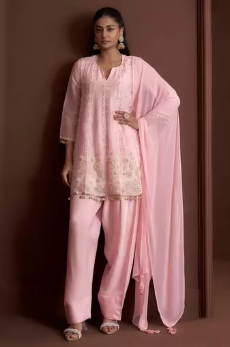 Pink embroidered silk blend a-line pant  kurta set