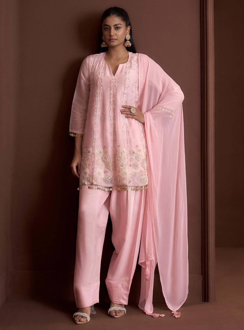 Pink embroidered silk blend a-line pant  kurta set