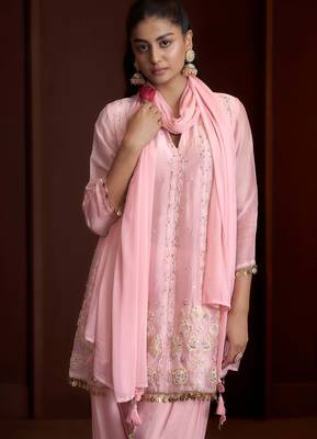 Pink embroidered silk blend a-line pant  kurta set 2