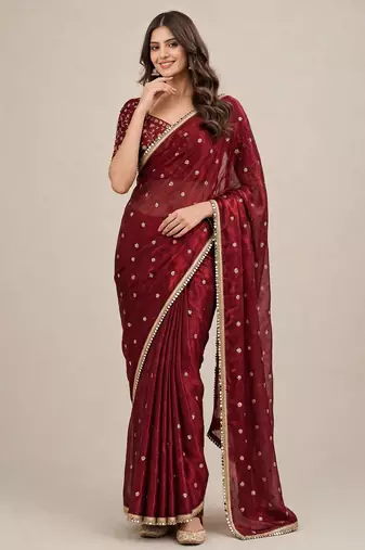 Designer fandy satin premium embroidered saree with mirror lace border