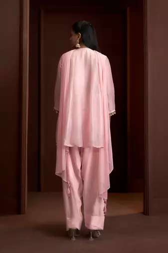 Pink embroidered silk blend a-line pant  kurta set