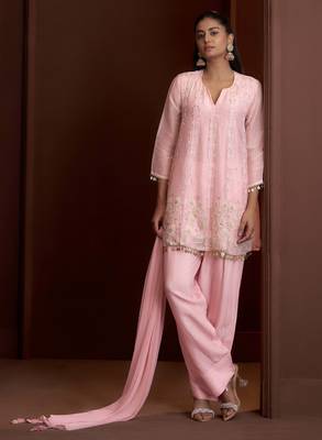 Pink embroidered silk blend a-line pant  kurta set 4