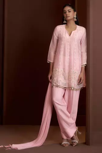 Pink embroidered silk blend a-line pant  kurta set