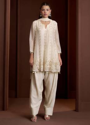 Off white embroidered silk blend a-line pant  kurta set 1