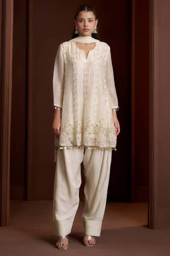 Off white embroidered silk blend a-line pant  kurta set